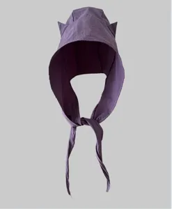Close-up of the purple Y2K devil horn bonnet hat with cute ties and unique style details.