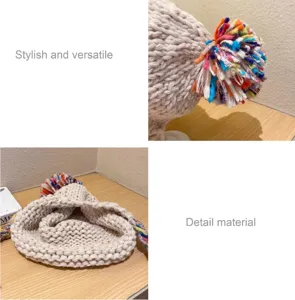 Beige chunky knit beanie hat showcasing colorful tassel pom pom and detailed texture.