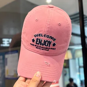 Gorra de beisbol rosa con bordado Enjoy, sombrero vintage desgastado para hombres y mujeres diario.
