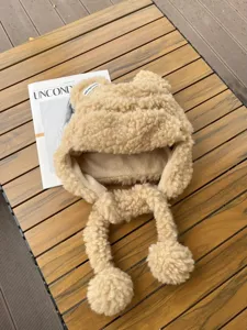 Hiver mignon ours oreille peluche chapeau chaud agneau polaire chapeau à rabat femme.