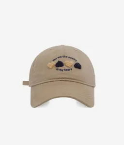 Beige embroidered heart baseball cap, sweet style soft top casual adjustable sun hat for women.