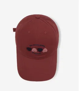 Sweet red baseball cap with embroidered heart and poetry text details for daily wear.