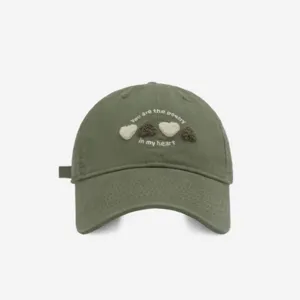 Sweet embroidered heart baseball cap for women, casual army green soft top curved brim hat.