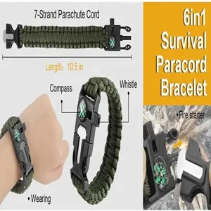 6 in 1 survival paracord bracelet with compass whistle fire starter for outdoor camping hiking