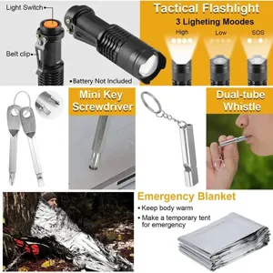 Detail view of tactical flashlight, mini screwdriver, survival whistle, and emergency blanket.