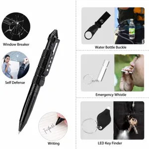 Multifunctionele EDC tactische pen survivalset met fluitje, flesclip en mini-lampje.