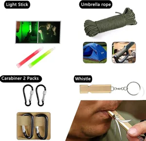 Multifunctionele outdoor survival tool set, kampeeruitrusting met lichtstick en touw.