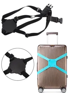 Luggage strap detail view showing the cross-shaped elastic band, secure buckle, and center pad.