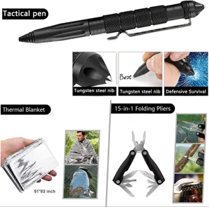 Tactische pen outdoor survival set inclusief opvouwbare multitool tang en thermische deken.