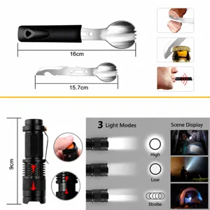 Outdoor survival multitool spoon and tactical flashlight set for camping and emergency use.