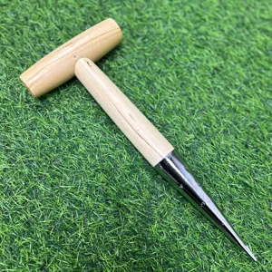 Garden T-handle dibber for seeding and planting with durable wooden handle and metal cone tip.
