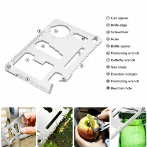 Roestvrij stalen multifunctionele survival tool card, draagbare EDC zakuitrusting voor camping en nood.