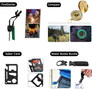 Outdoor survivalset met vuurstarter, kompas, multitoolkaart en waterflesgesp voor kamperen.