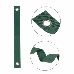 Detalle de correa de soporte para árboles de nailon verde, 40cm, con ojales metálicos.