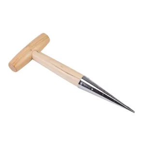 T-handle wooden garden dibber tool with metal depth scale for planting seeds flowers.
