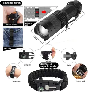 Outdoor survival tactische zaklamp en paracord armband set met multifunctionele kampeeruitrusting.