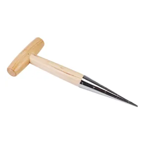T-shaped wooden handle garden dibber with metal measurement cone for planting and seeding details.