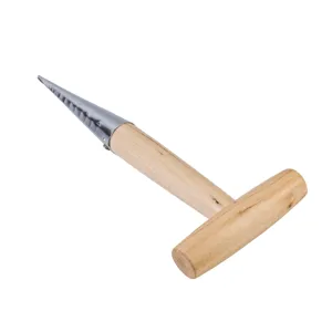 T-handle garden dibber planting tool with metal cone tip and depth scale for yard seeding.
