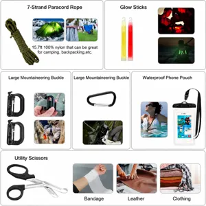 Outdoor survival tool set camping gear paracord carabiner waterproof bag emergency kit