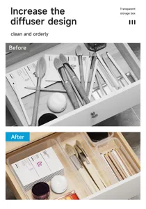 Transparent drawer organizer set for cosmetics and cutlery storage with split compartments.