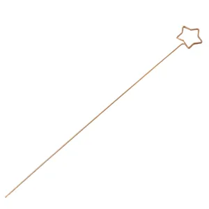 Detail view of a rose gold metal star flower card holder, long wire stem, floral pick tool.