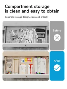 Transparent drawer organizer detail showing compartment storage and tidy desktop stationery sorting.