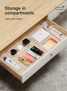 Transparent drawer storage box set, clear plastic desk and kitchen organizer for cosmetics.