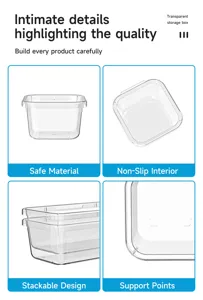 Transparent storage box detail showing safe material, non-slip interior and stackable design.