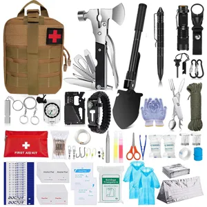 Kit d'équipement de survie multifonctionnel extérieur avec sac à dos et trousse de secours.