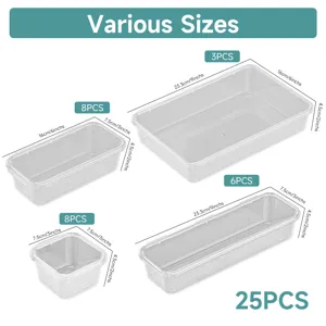 Clear plastic storage box organizer set with various sizes and multi-piece compartment trays.