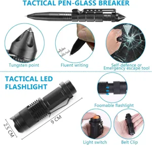 Tactische pen en LED-zaklantaarn set, multifunctionele outdoor survival noodgereedschapset.