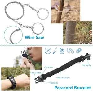 Outdoor survival uitrusting set met staaldraadzaag en paracord armband voor kamperen.