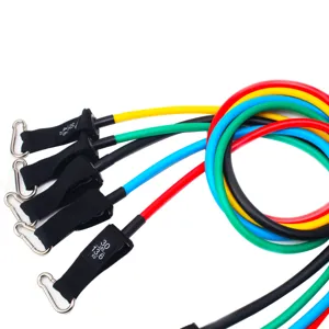 Detail view of multi-color resistance bands set with durable handles and metal carabiners.