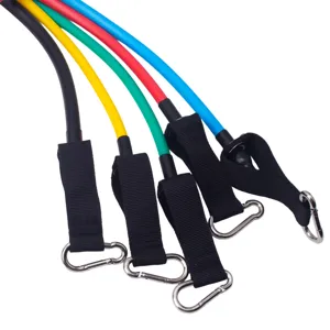 Detailed view of multi-color resistance workout bands set with durable handles and carabiners.