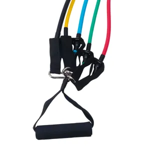 Multi-function resistance band set with latex tubes, foam handles, and metal hooks for fitness.