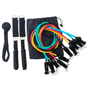 Detailed view of 11-piece fitness resistance bands set with handles and anchors for home workout.