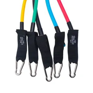 Fitness resistance bands set detail view showing colorful latex tubes and durable carabiners.