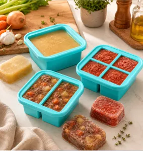 Silicone baby food freezer tray with compartments, ideal for puree storage and meal prep.