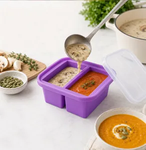 Silicone baby food freezer tray with lid, partitioned grid storage box for homemade purees and snacks.