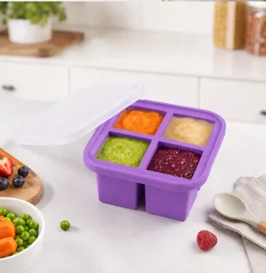 Silicone baby food freezer container with 4 compartments and lid for easy storage.