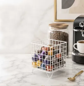 White metal wire coffee capsule storage basket desktop organizer for home kitchen use
