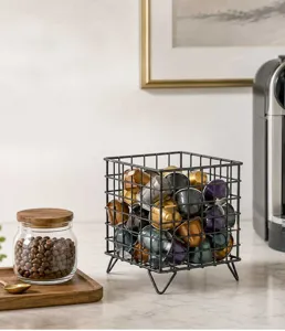 Black metal wire coffee pod storage basket, cubic desktop organizer for espresso capsules.