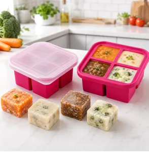 Silicone baby food freezing tray with lid, large capacity square ice mold storage.