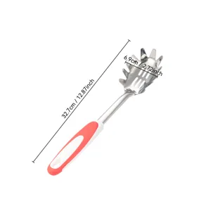 Dettaglio del cucchiaio da spaghetti in acciaio inossidabile con manico rosso e dimensioni.