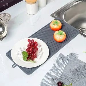Gray silicone drying mat for kitchen sink counter, heat resistant dish draining pad