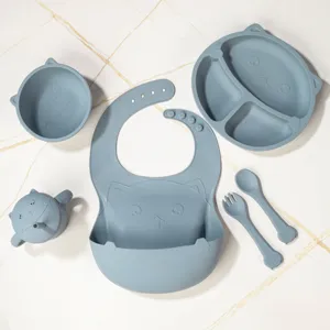 Baby Silicone Feeding Set Toddler Divided Plate Bowl Bib Spoon Fork Cup Light Blue