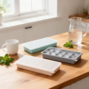 Vista dettagliata di vassoi per ghiaccio in silicone con coperchio su tavolo in legno casa.