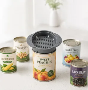Silicone can strainer with dual handles, flexible kitchen draining tool for canned food.