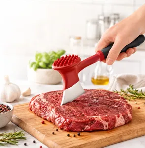 Stainless steel meat tenderizer mallet axe with ergonomic handle for kitchen steak cooking.