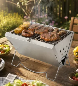 Vue détaillée du barbecue pliable portable en acier inoxydable pour le camping et la cuisine.